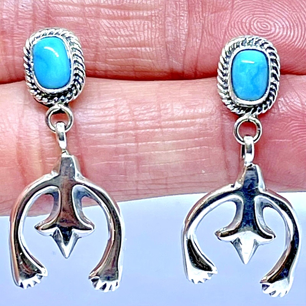Navajo Naja Turquoise Earrings 1.5in Sterling Post Dangle Squash Blossom Native